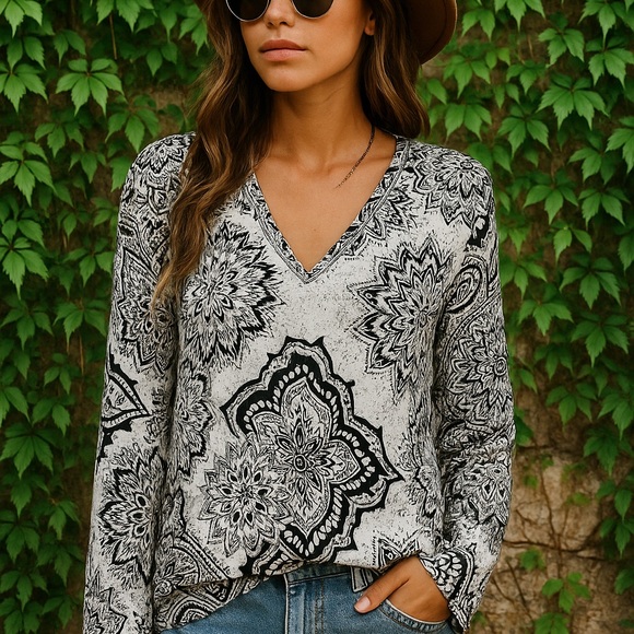 Parker Tops - PARKER Black and White V-Neck Trumpet Sleeve Tunic, M